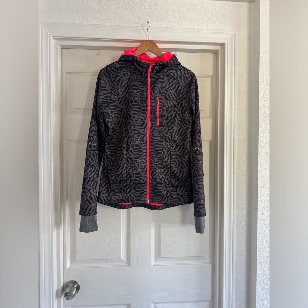 Mondetta Zip Up Hoodie, Black, Gray, Pink Multi Print, Size Medium
